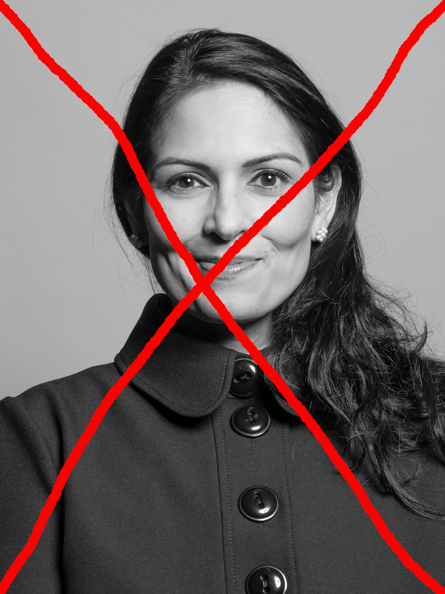 Priti Patel's official parliamentary portrait rendered monochrome & crossed out with a hand-drawn red X.